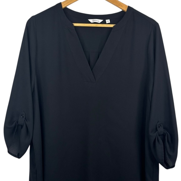 Reitmans Black 1/2  Sleeve Layer Look Front Semi Sheer Hi Lo V-Neck Blouse 16 - Picture 2 of 11